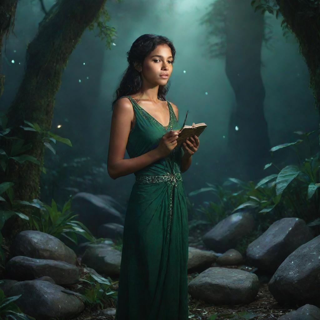 Anya standing under emerald moonlight in a jungle littered with ancient stones. Her eyes reflect starlight as she holds a cryptic scroll and plays a lullaby on her flute, stirring magic as fireflies dance around her like constellations.