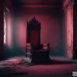 An eerie scene with a red background featuring an abandoned king's throne