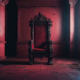 An eerie scene with a red background featuring an abandoned king's throne