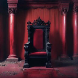 An eerie scene with a red background featuring an abandoned king's throne