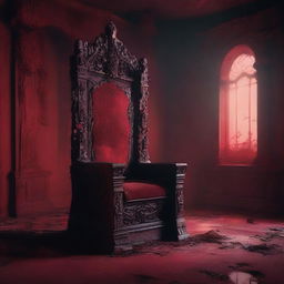 An eerie scene with a red background featuring an abandoned king's throne