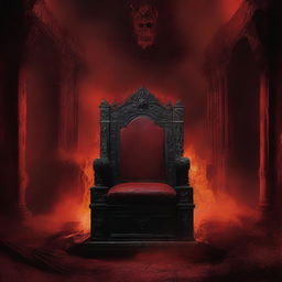 An eerie book cover with a red background featuring an abandoned king's throne and fire