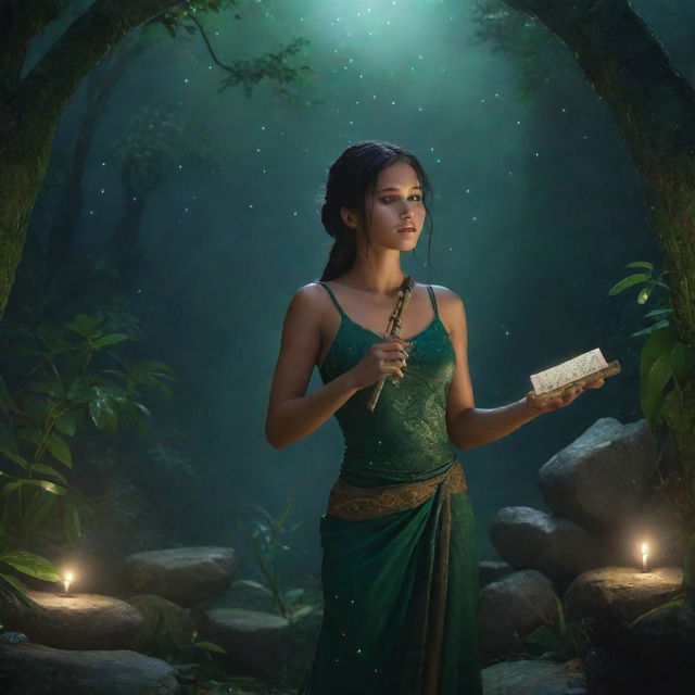 Anya standing under emerald moonlight in a jungle littered with ancient stones. Her eyes reflect starlight as she holds a cryptic scroll and plays a lullaby on her flute, stirring magic as fireflies dance around her like constellations.