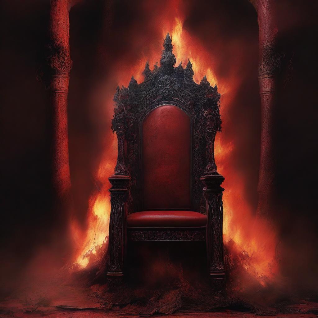 An eerie book cover with a red background featuring an abandoned king's throne and fire