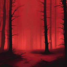 An eerie scene with a red background featuring a burning forest