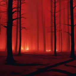 An eerie scene with a red background featuring a burning forest