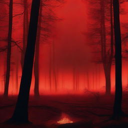 An eerie scene with a red background featuring a burning forest