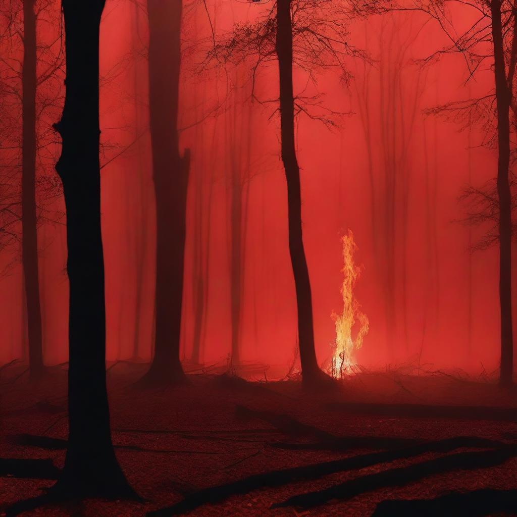 An eerie scene with a red background featuring a burning forest