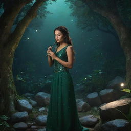 Anya standing under emerald moonlight in a jungle littered with ancient stones. Her eyes reflect starlight as she holds a cryptic scroll and plays a lullaby on her flute, stirring magic as fireflies dance around her like constellations.