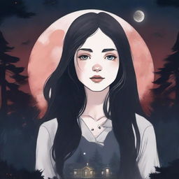 An illustrated book cover sized 512x800 featuring a girl with pale white skin and dark long hair