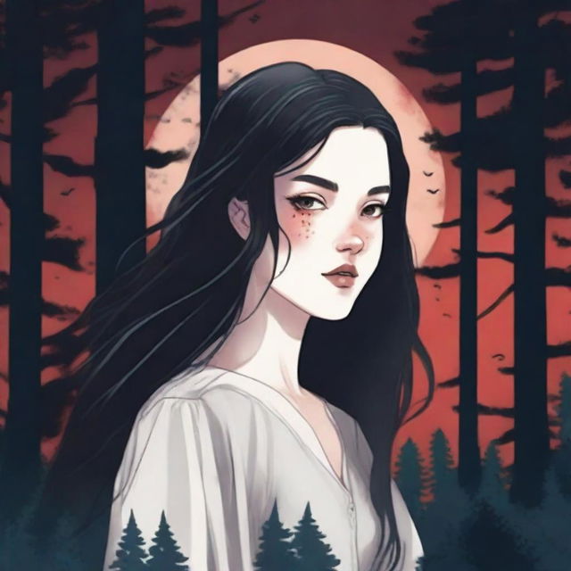 An illustrated book cover sized 512x800 featuring a girl with pale white skin and dark long hair