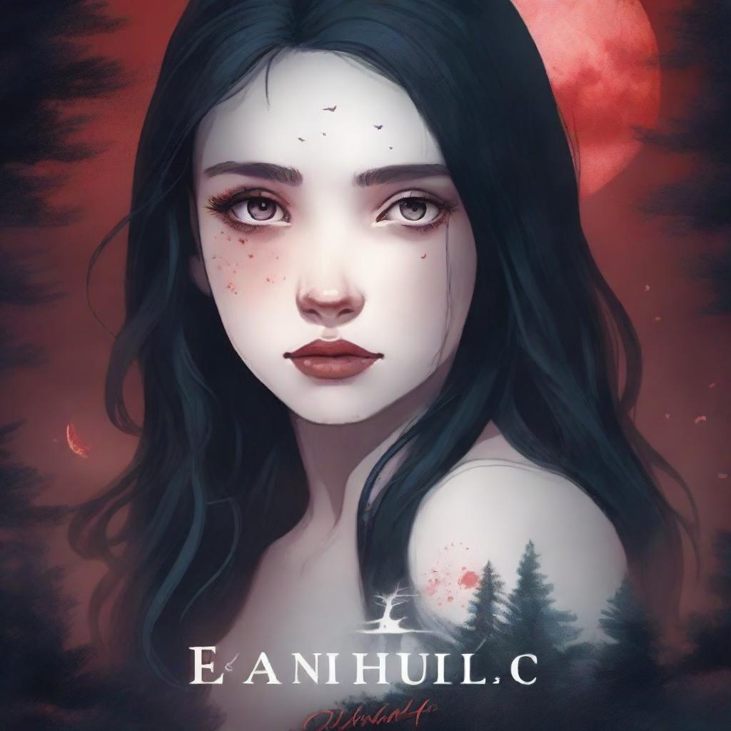 An illustrated book cover sized 512x800 featuring a close-up of a girl with pale white skin and dark long hair