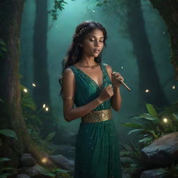 Anya standing under emerald moonlight in a jungle littered with ancient stones. Her eyes reflect starlight as she holds a cryptic scroll and plays a lullaby on her flute, stirring magic as fireflies dance around her like constellations.