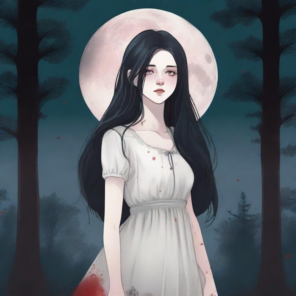 An illustrated book cover sized 512x800 featuring a full-body image of a girl with pale white skin and dark long hair