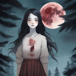 An illustrated book cover sized 512x800 featuring a full-body image of a girl with pale white skin and dark long hair