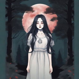 An illustrated book cover sized 512x800 featuring a full-body image of a girl with pale white skin and dark long hair