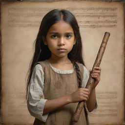 A young girl, eyes wide with wonder, holding a weathered scroll adorned with cryptic symbols in one hand, and a carved wooden flute, that's playing a captivating ancient lullaby, in the other.