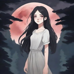 An illustrated book cover sized 512x800 featuring a full-body image of a girl with pale white skin and dark long hair