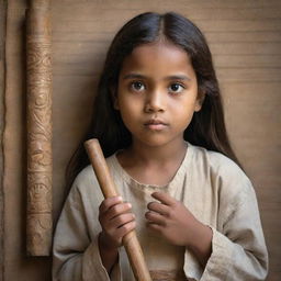 A young girl, eyes wide with wonder, holding a weathered scroll adorned with cryptic symbols in one hand, and a carved wooden flute, that's playing a captivating ancient lullaby, in the other.