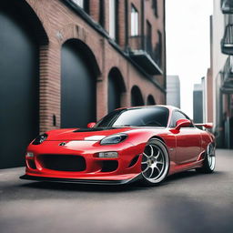 A detailed image of a Mazda RX-7 JDM build, showcasing its sleek design, custom modifications, and vibrant paint job