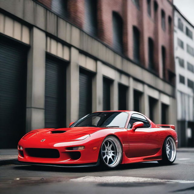 A detailed image of a Mazda RX-7 JDM build, showcasing its sleek design, custom modifications, and vibrant paint job