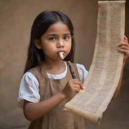 A young girl, eyes wide with wonder, holding a weathered scroll adorned with cryptic symbols in one hand, and a carved wooden flute, that's playing a captivating ancient lullaby, in the other.