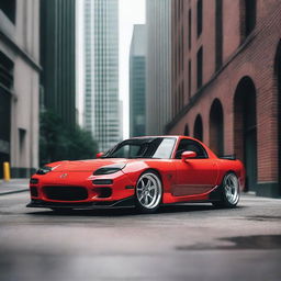 A detailed image of a Mazda RX-7 JDM build, showcasing its sleek design, custom modifications, and vibrant paint job