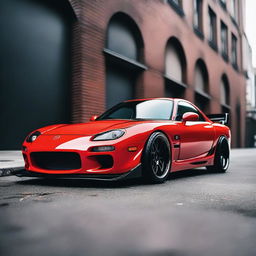 A detailed image of a Mazda RX-7 JDM build, showcasing its sleek design, custom modifications, and vibrant paint job