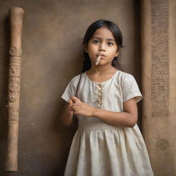 A young girl, eyes wide with wonder, holding a weathered scroll adorned with cryptic symbols in one hand, and a carved wooden flute, that's playing a captivating ancient lullaby, in the other.