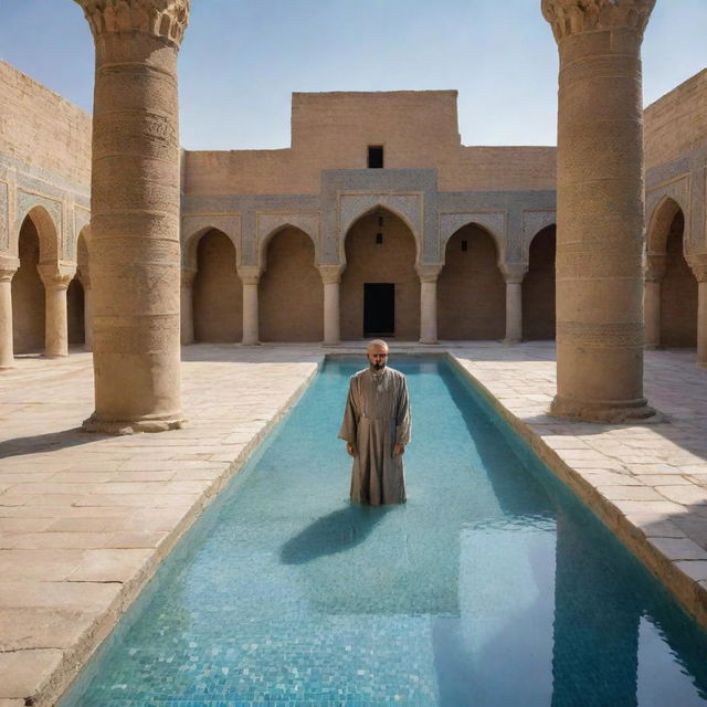 Sun-drenched courtyard of an ancient Mesopotamian fortress, its walls shimmering with mosaic tiles and reflective mercury capsules. Caliph Al-Aziz, in his resplendent robe, observes an azure-tiled sunken pool, surrounded by mud columns exhaling wisps of steam.