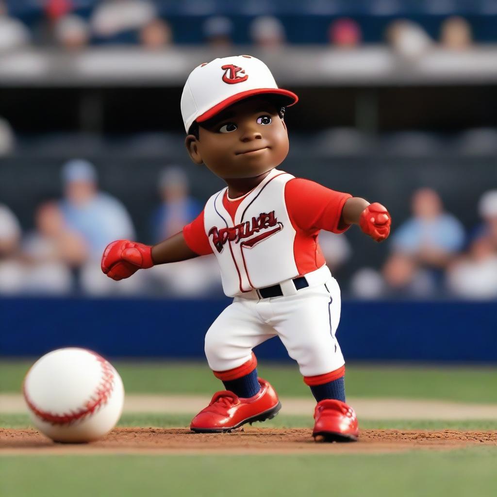 Una miniatura para YouTube de béisbol, mostrando a Ronald Acuña en una pose dinámica mientras batea una pelota