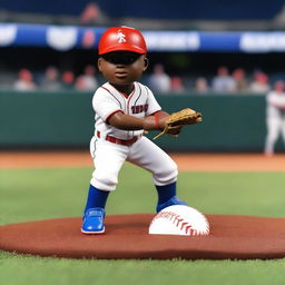 Una miniatura para YouTube de béisbol, mostrando a Ronald Acuña en una pose dinámica mientras batea una pelota