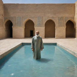 Sun-drenched courtyard of an ancient Mesopotamian fortress, its walls shimmering with mosaic tiles and reflective mercury capsules. Caliph Al-Aziz, in his resplendent robe, observes an azure-tiled sunken pool, surrounded by mud columns exhaling wisps of steam.