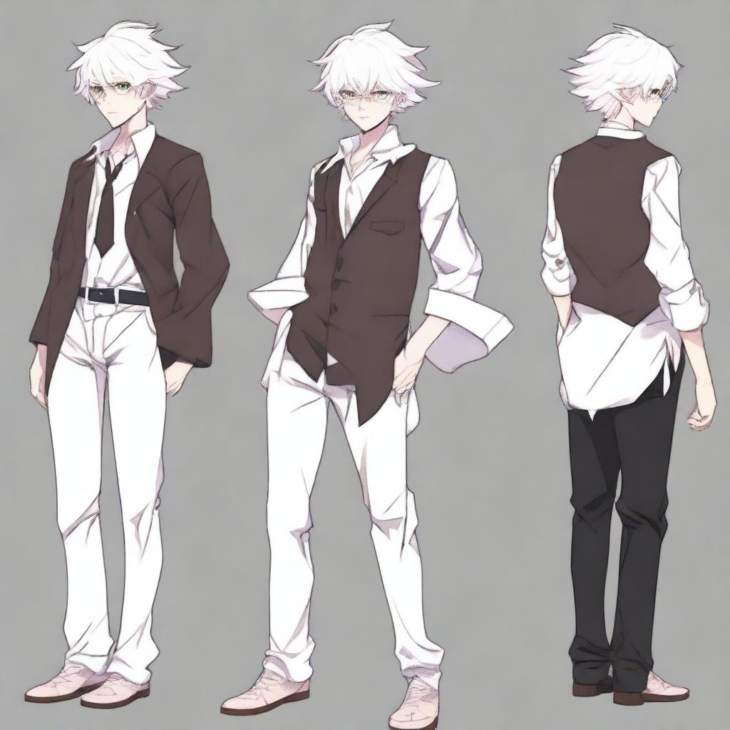 Create a full-height stylized anime boy character with an albino appearance