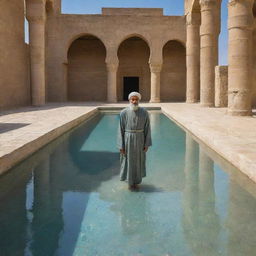 Sun-drenched courtyard of an ancient Mesopotamian fortress, its walls shimmering with mosaic tiles and reflective mercury capsules. Caliph Al-Aziz, in his resplendent robe, observes an azure-tiled sunken pool, surrounded by mud columns exhaling wisps of steam.