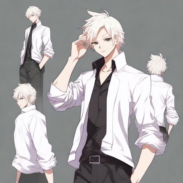 Create a full-height stylized anime boy character with an albino appearance