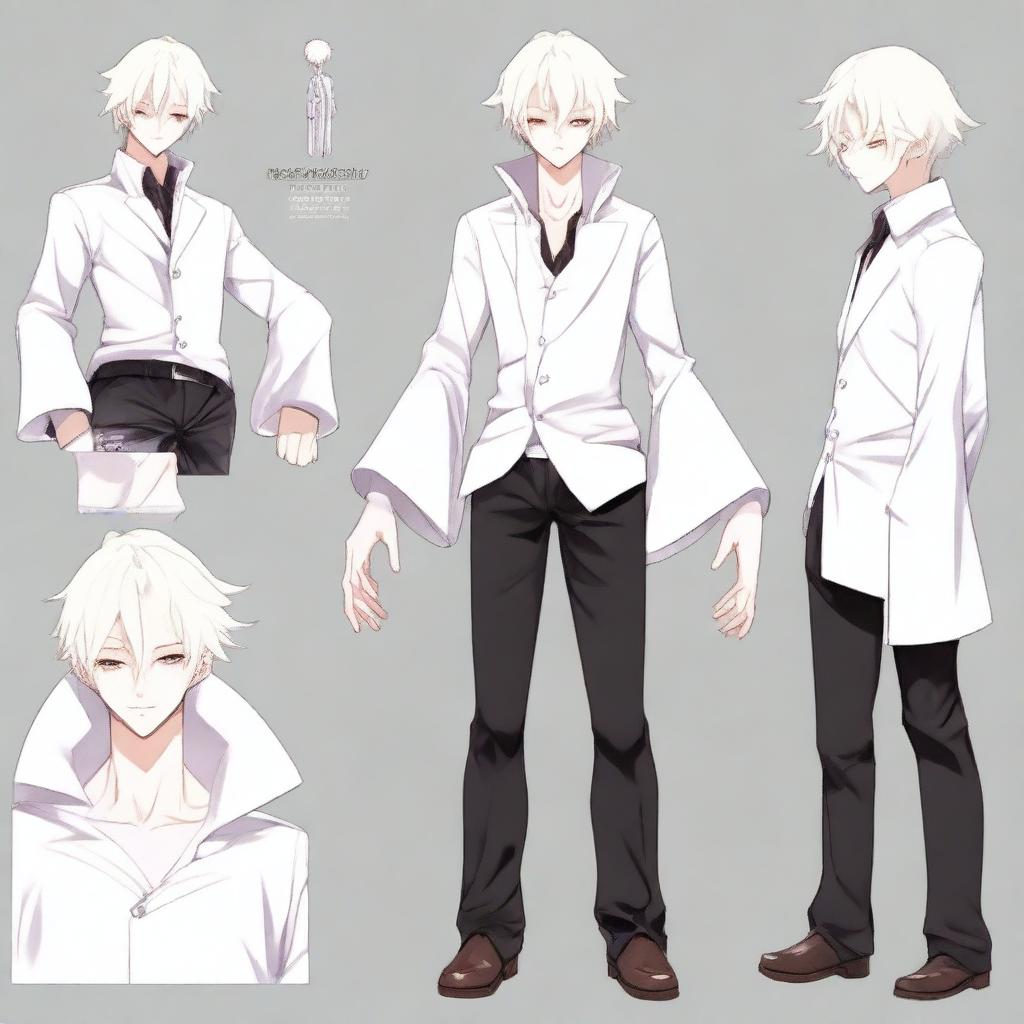 Create a full-height stylized anime boy character with an albino appearance