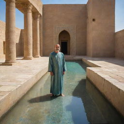 Sun-drenched courtyard of an ancient Mesopotamian fortress, its walls shimmering with mosaic tiles and reflective mercury capsules. Caliph Al-Aziz, in his resplendent robe, observes an azure-tiled sunken pool, surrounded by mud columns exhaling wisps of steam.