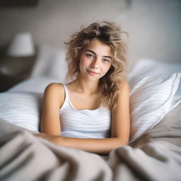 A pretty 20-year-old girl with brunette blonde messy hair lying in bed