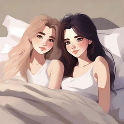 A depiction of two pretty 20-year-old girls in bed, one with brunette hair and the other with blonde hair