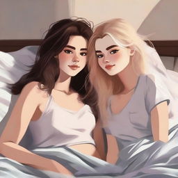 A depiction of two pretty 20-year-old girls in bed, one with brunette hair and the other with blonde hair