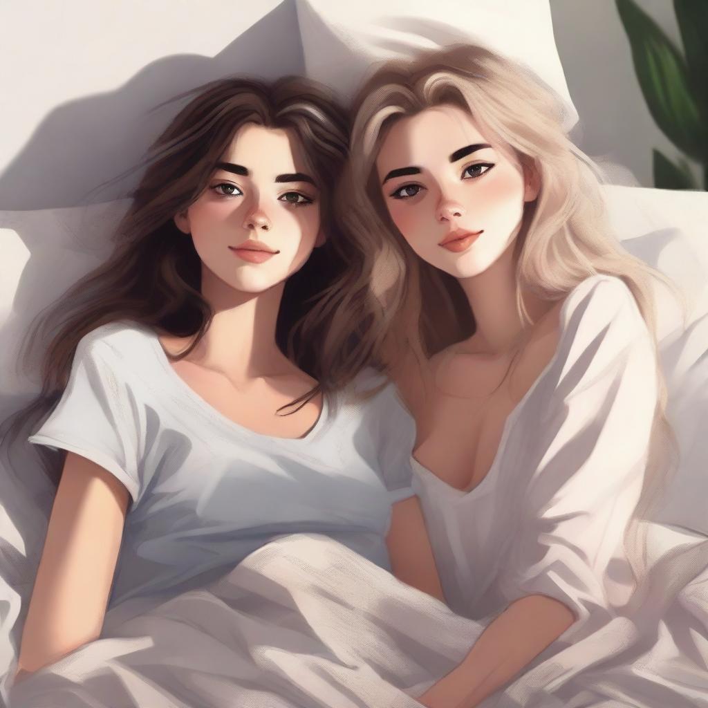 A depiction of two pretty 20-year-old girls in bed, one with brunette hair and the other with blonde hair