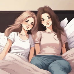 A depiction of two pretty 20-year-old girls in bed, one with brunette hair and the other with blonde hair