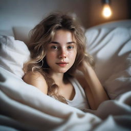 A realistic image of a pretty 20-year-old girl with brunette blonde messy hair, lying casually in bed