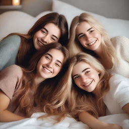 A group of pretty 20-year-old girls with messy brunette and blonde hair, lying in bed