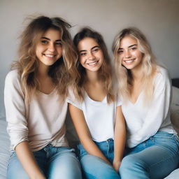 Three pretty 20-year-old girls with brunette and blonde messy hair, sitting on a bed