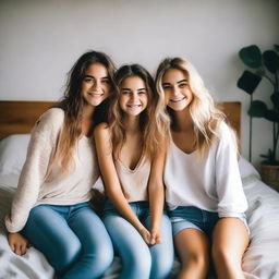 Three pretty 20-year-old girls with brunette and blonde messy hair, sitting on a bed