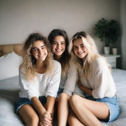 Three pretty 20-year-old girls with brunette and blonde messy hair, sitting on a bed