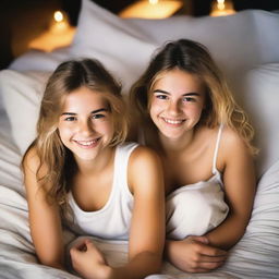 Two pretty 20-year-old girls with messy brunette and blonde hair, lying in bed