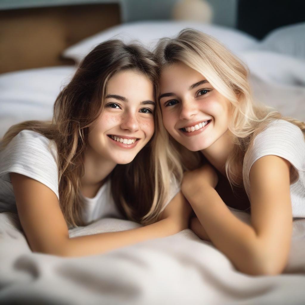 Two pretty 20-year-old girls with messy brunette and blonde hair, lying in bed